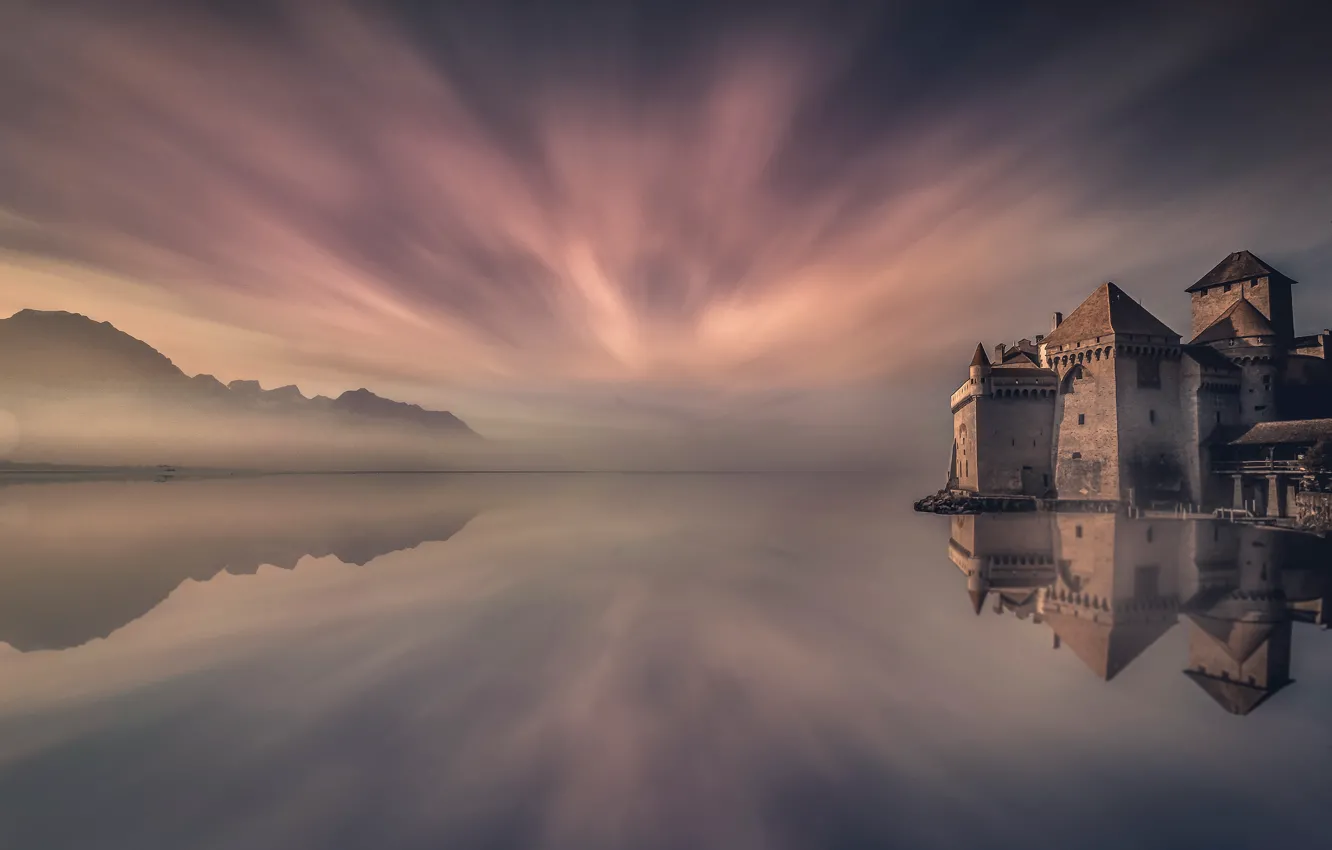 Photo wallpaper clouds, mountains, fog, reflection, castle, shore, haze, pond