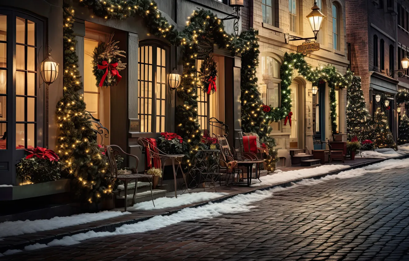 Photo wallpaper winter, snow, decoration, night, the city, lights, balls, street