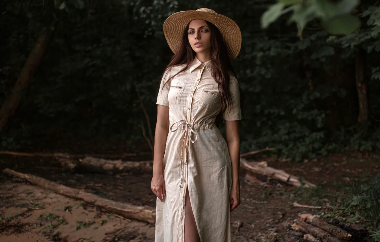 Photo wallpaper look, trees, pose, portrait, hat, makeup, figure, dress