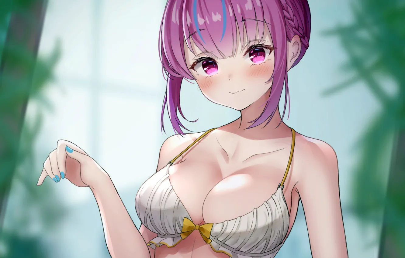 Photo wallpaper girl, sexy, cleavage, pink hair, boobs, anime, beautiful, short hair
