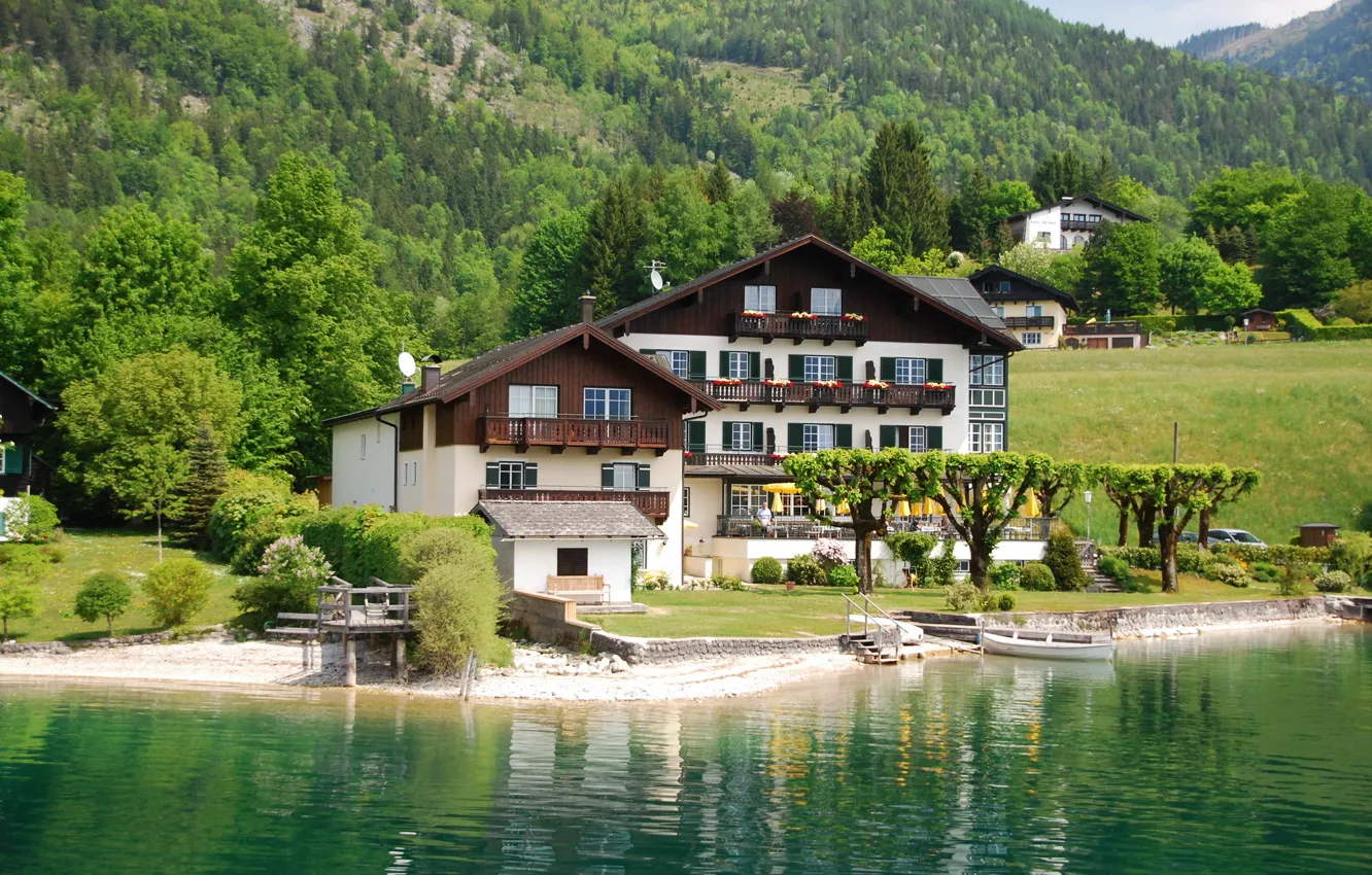 Photo wallpaper the city, photo, coast, home, Austria, mansion, Wolfgangsee