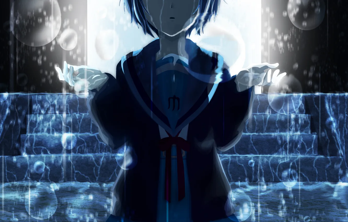 Photo wallpaper girl, rain, anime, art, ladder, steps, schoolgirl, nagato yuki