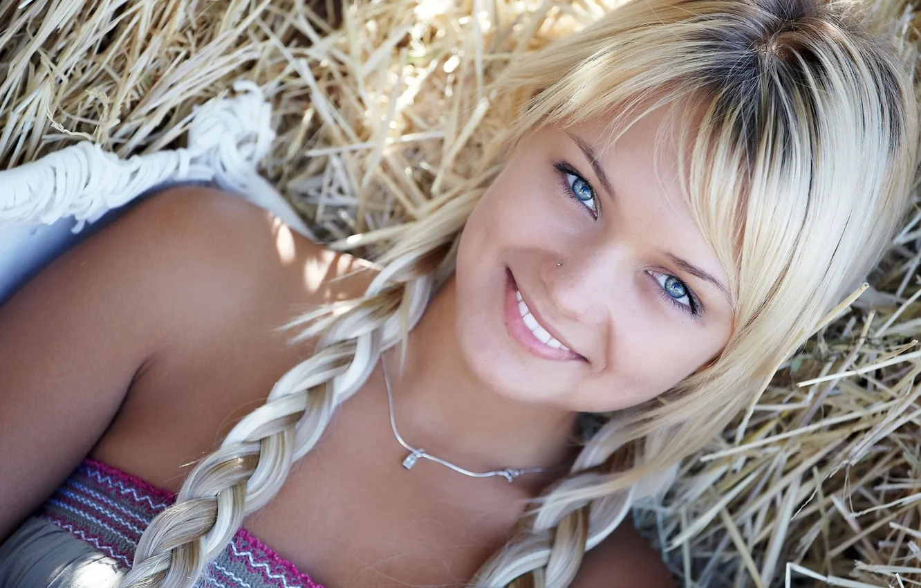 Photo wallpaper eyes, girl, smile, blue, blonde, braids