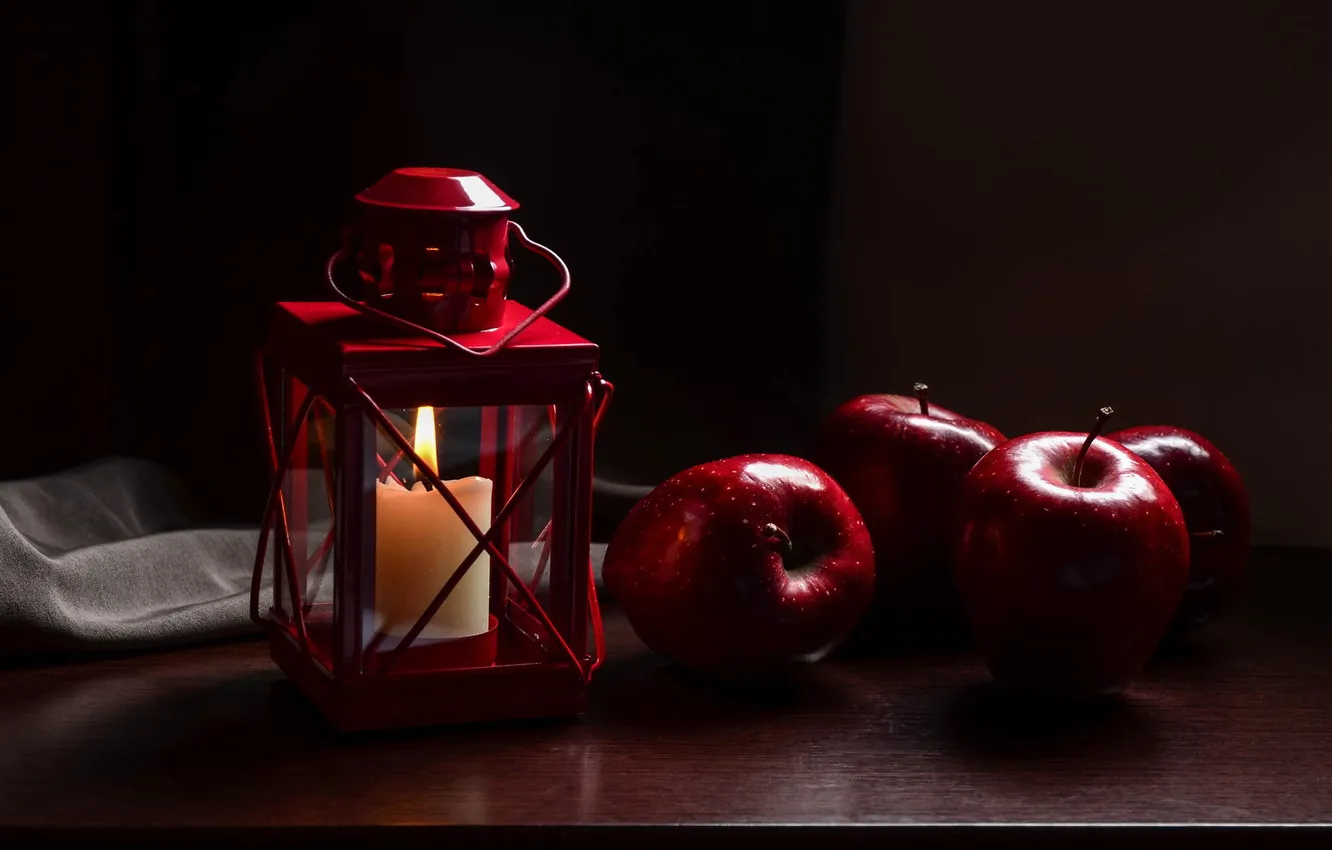 Photo wallpaper apples, candle, lantern, red, fruit