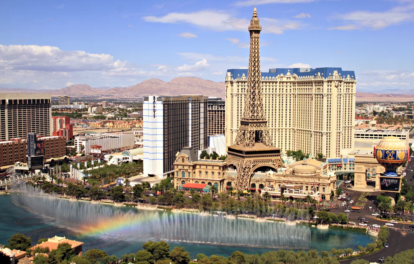 Photo wallpaper rainbow, Las Vegas, fountain, USA, Nevada, music, hotels, Eiffel tower (copy)