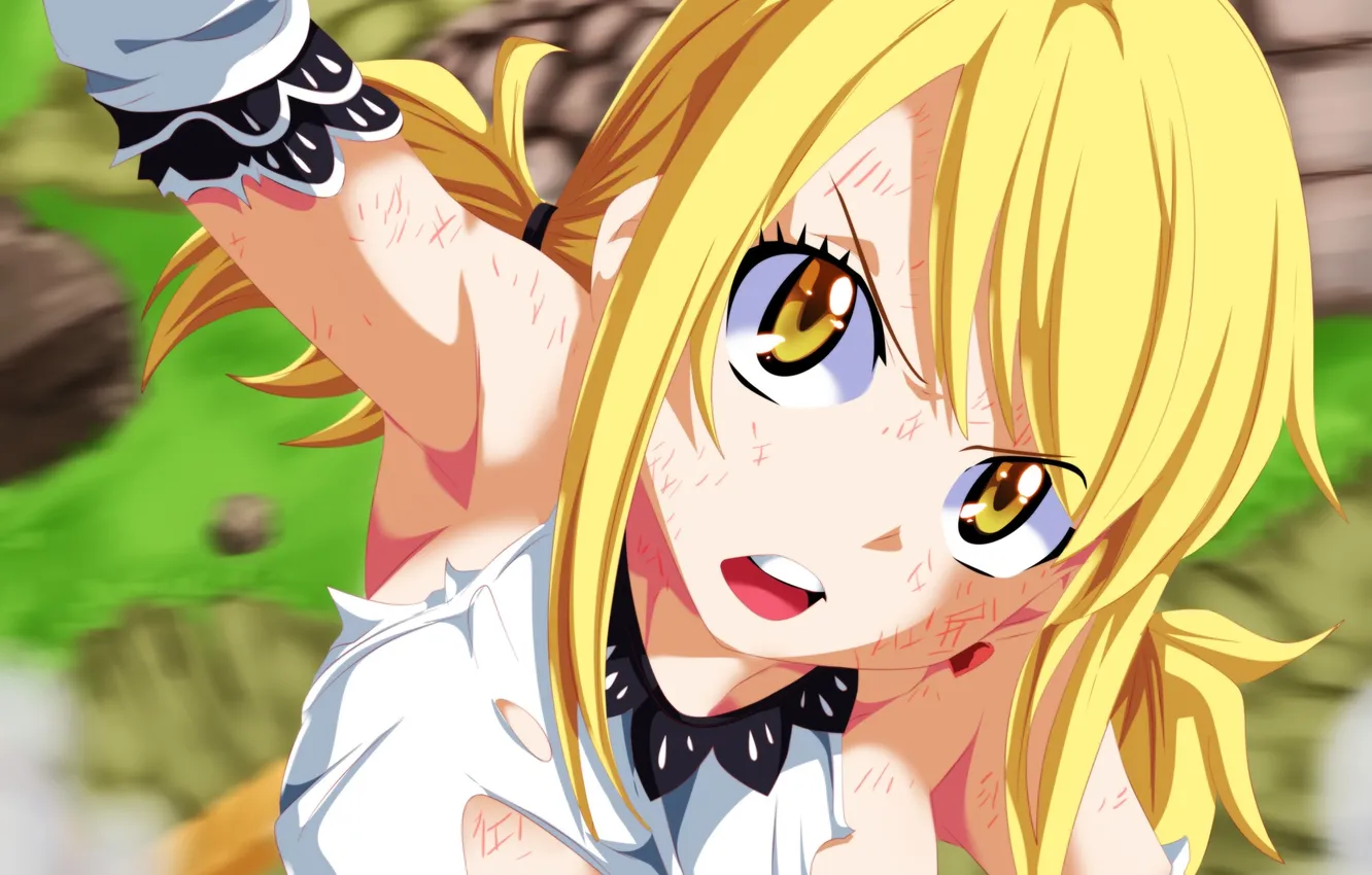 Photo wallpaper chest, look, girl, anger, blonde, art, fairy tail, wounds