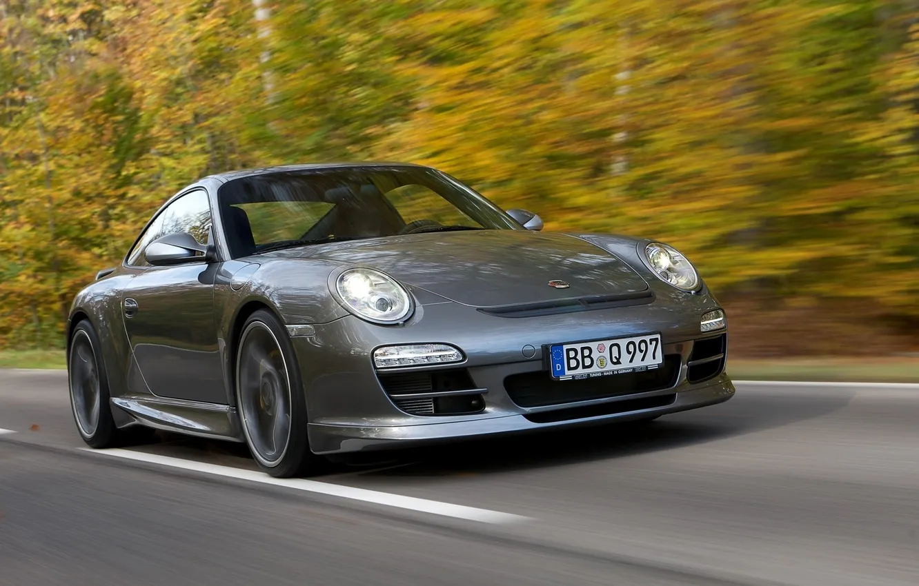 Photo wallpaper road, car, forest, speed, Porsche, road, speed