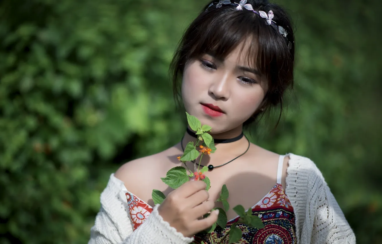 Photo wallpaper girl, sprig, sweetheart, dress, Asian
