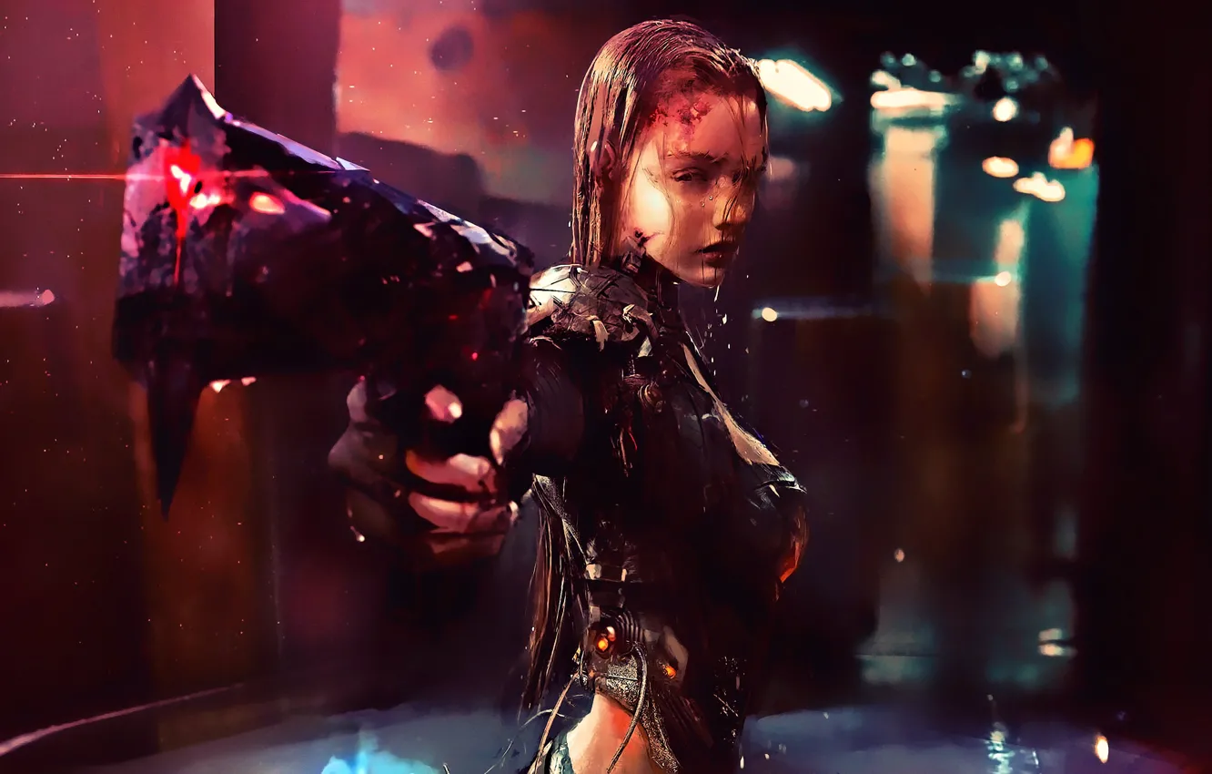 Photo wallpaper girl, weapons, rain, girl, lane, rain, water drops, water drops
