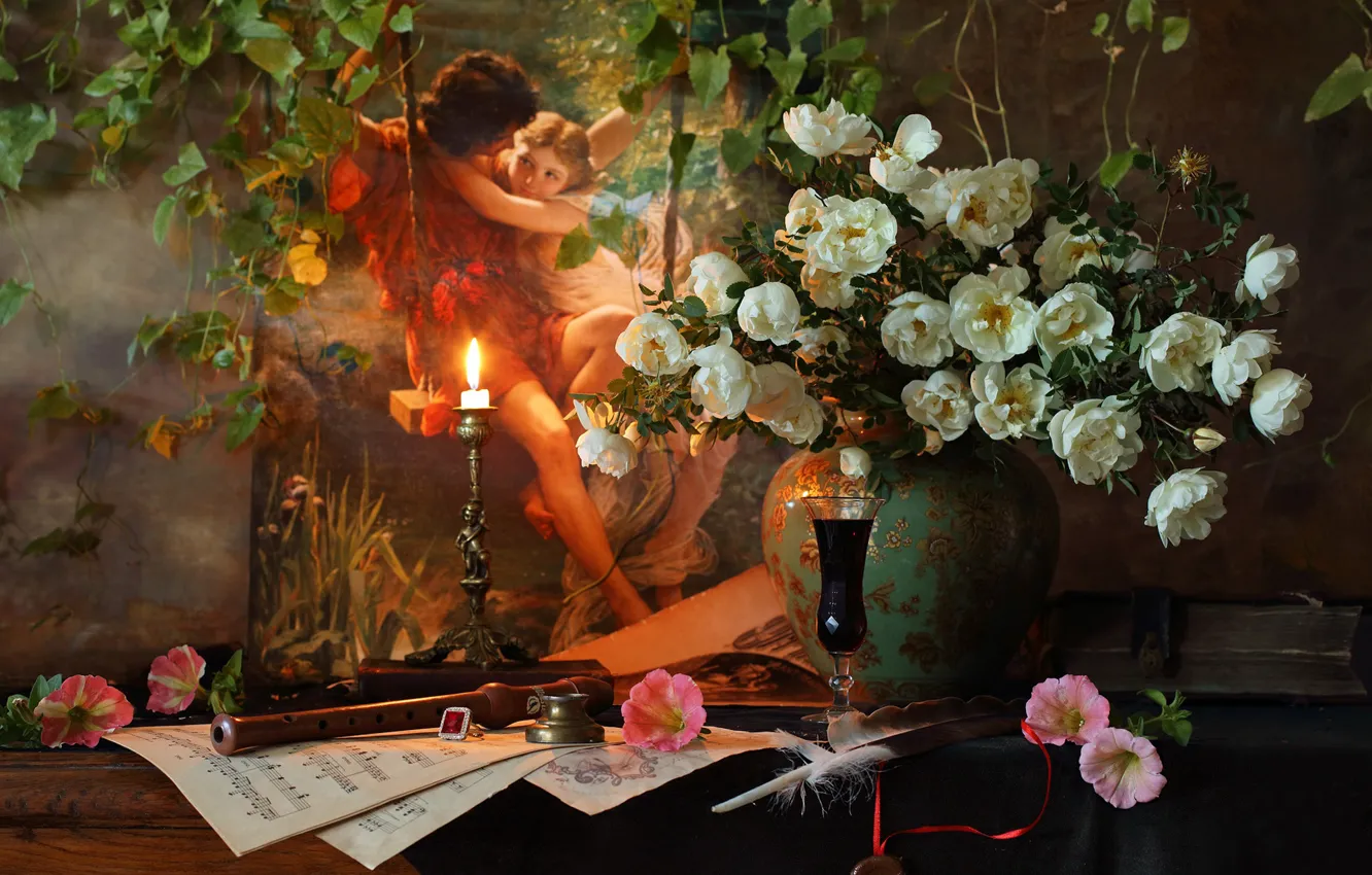 Photo wallpaper girl, light, flowers, wine, glass, roses, bouquet, picture