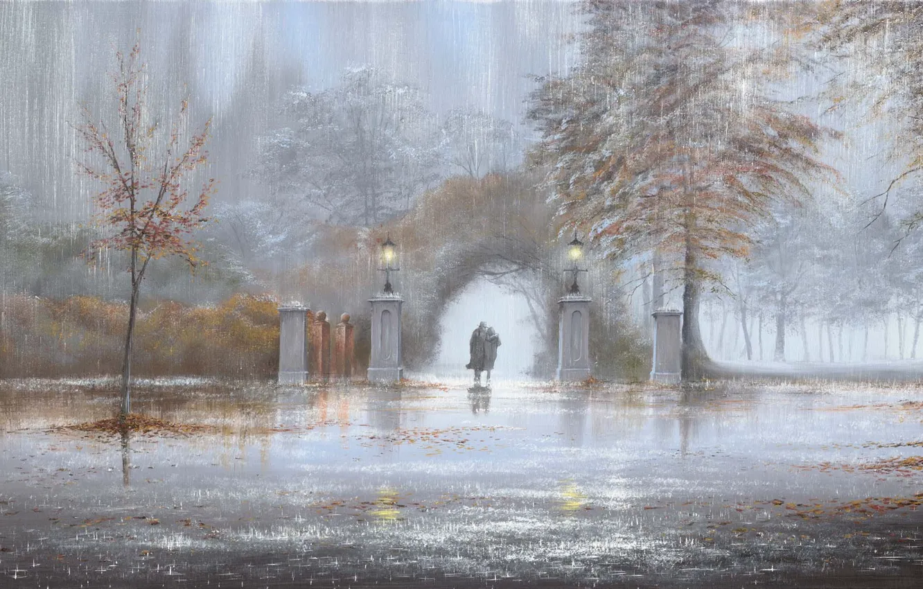 Photo wallpaper autumn, Park, rain, picture, lights, arch, two, Jeff Rowland