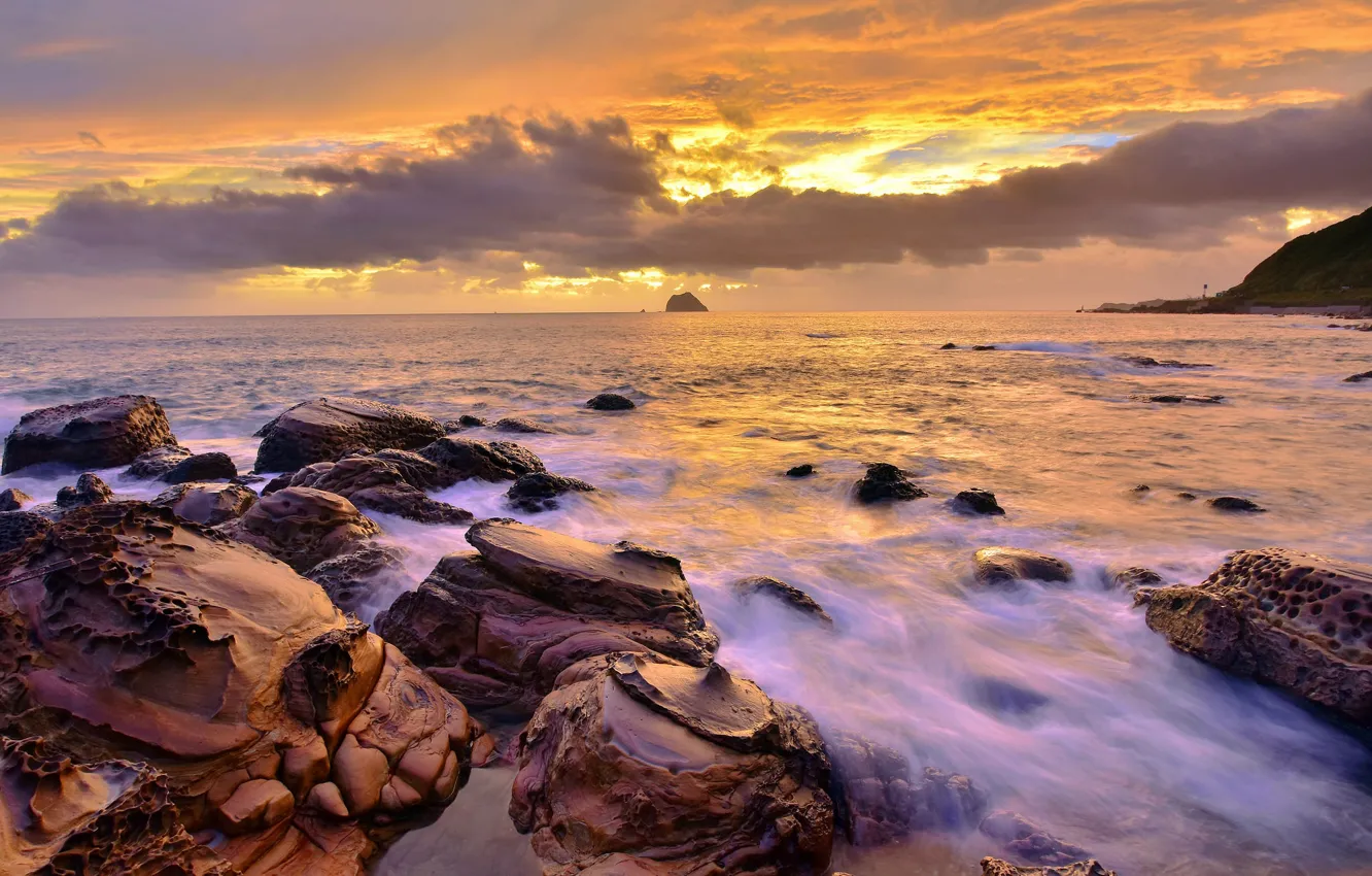 Photo wallpaper sea, wave, sunset, nature