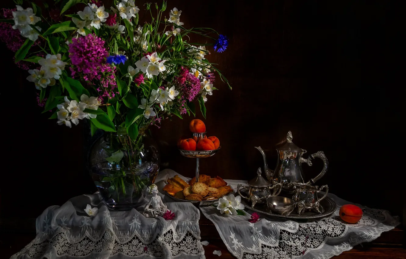 Photo wallpaper flowers, metal, retro, the dark background, table, bouquet, boy, kettle