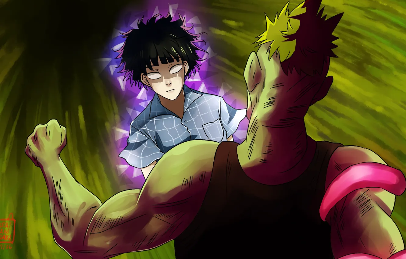 Photo wallpaper fight, guy, students, Mob Psycho 100, Mob psycho 100