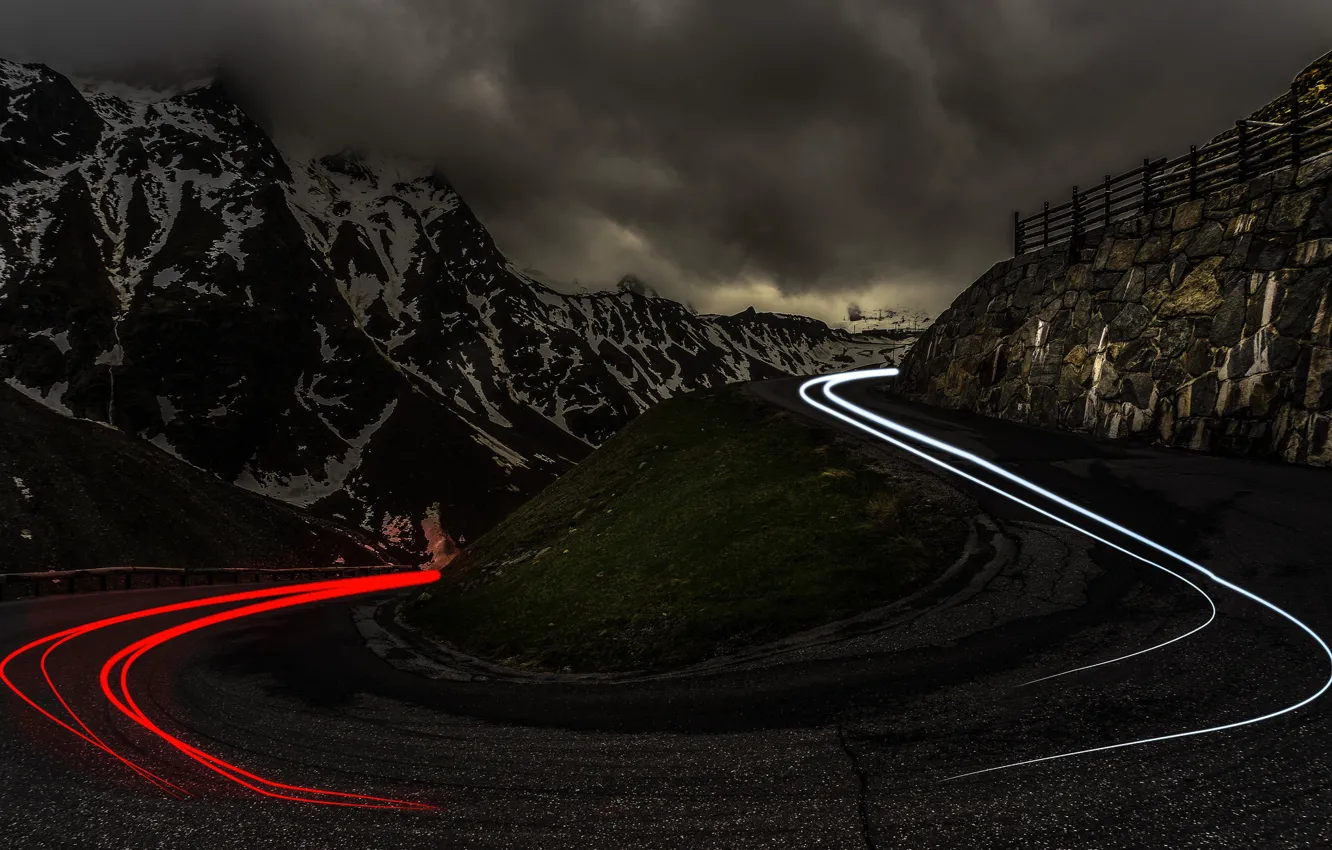 Photo wallpaper road, clouds, mountains, night, lights, trail, hdr, Italy