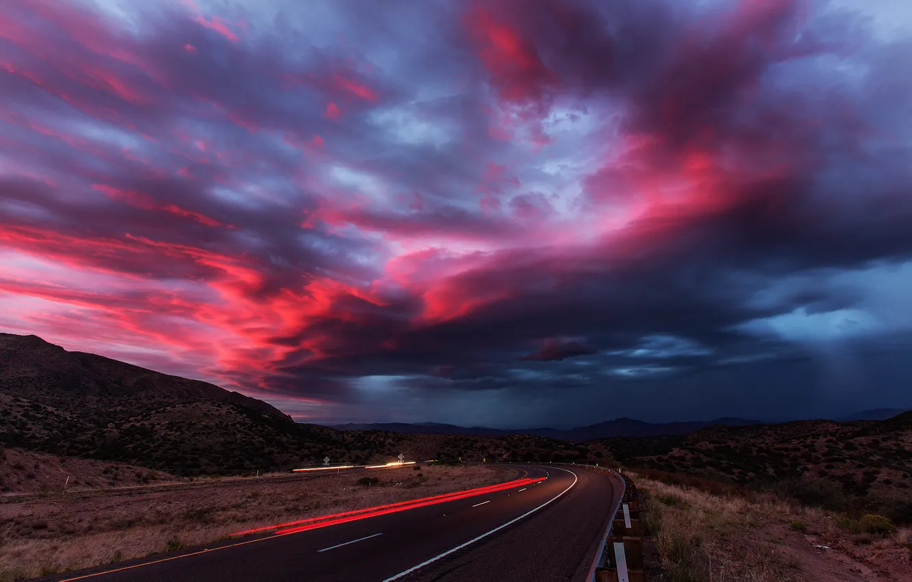 Photo wallpaper road, summer, the sky, clouds, light, sunset, machine, desert