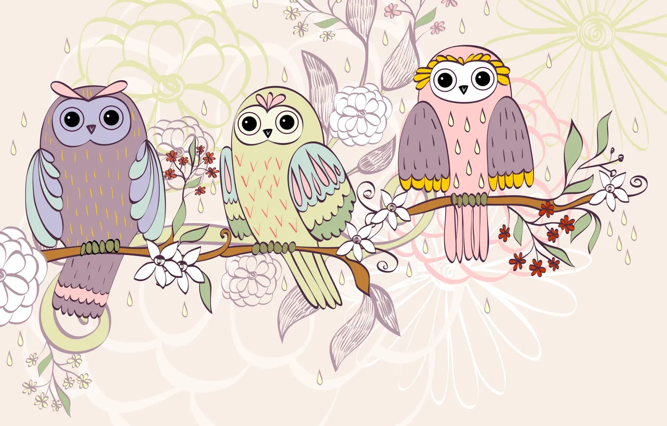 Photo wallpaper flowers, birds, branch, texture, owls