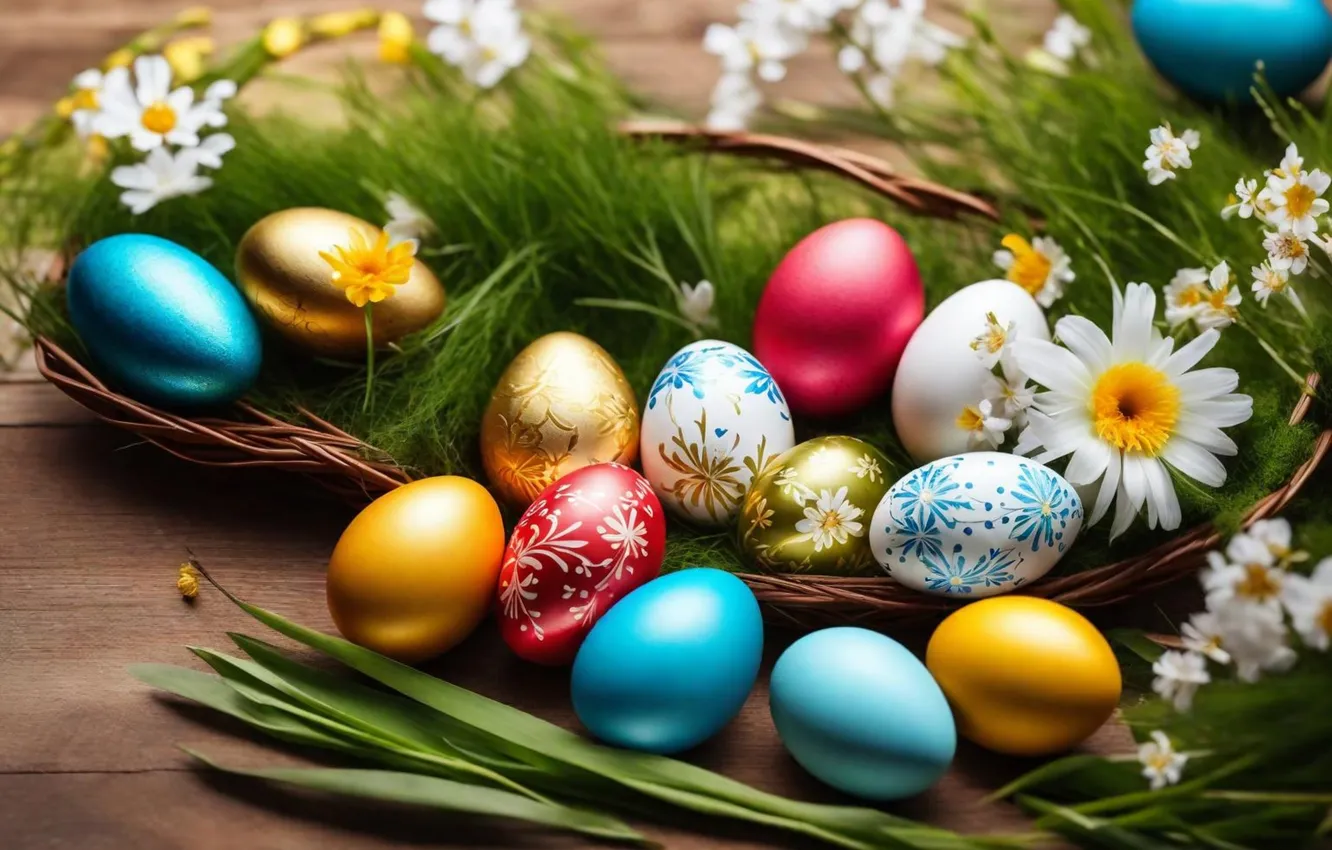 Photo wallpaper flowers, eggs, spring, colorful, Easter, flowers, spring, Easter