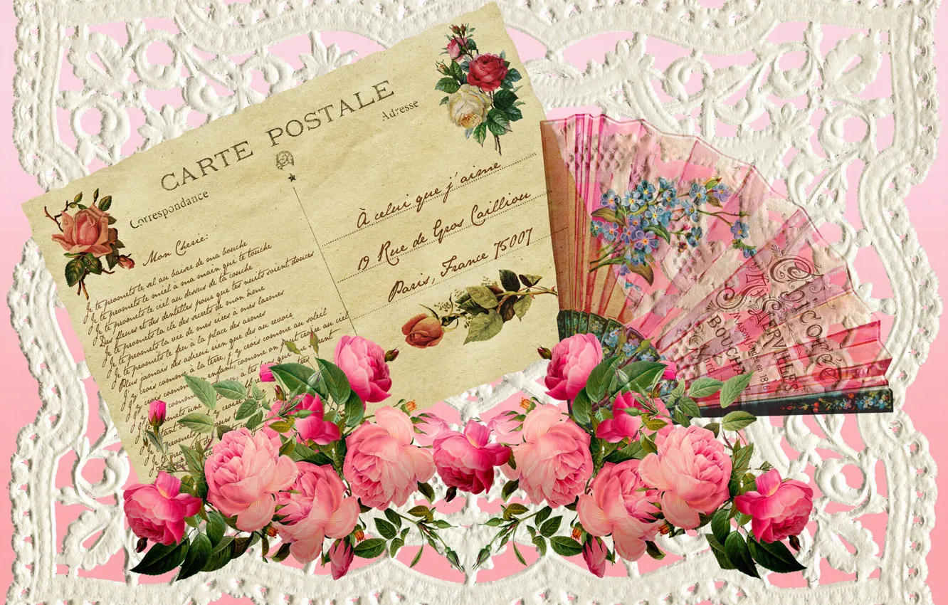 Photo wallpaper roses, Valentine's day, vintage, postcard