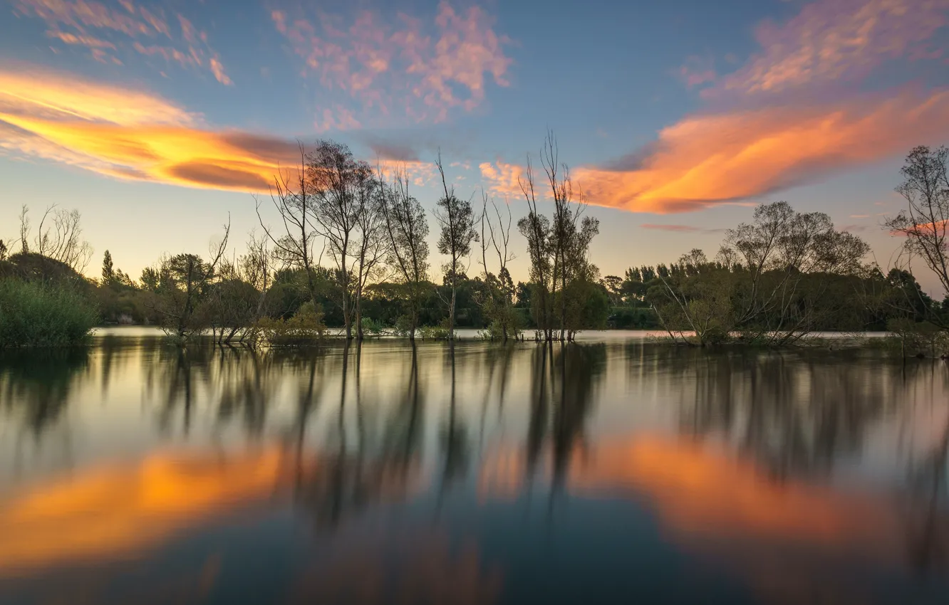 Photo wallpaper clouds, trees, lake, reflection, shore, the evening, New Zealand, lighting