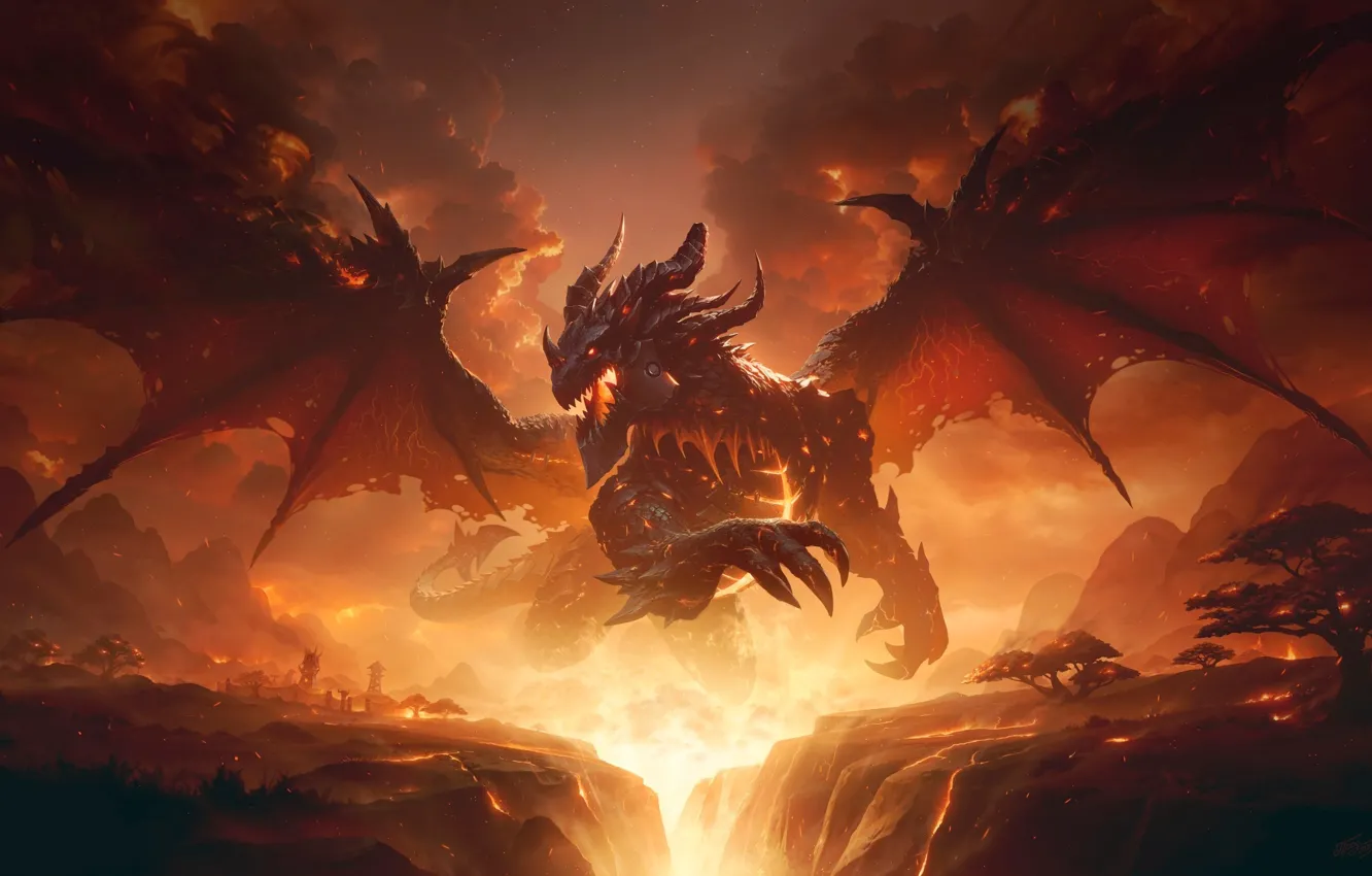 Photo wallpaper lights, fire, Cataclysm, cataclysm, Black dragon, Deathwing the Destroyer, Deathwing The Destroyer, Black Dragon
