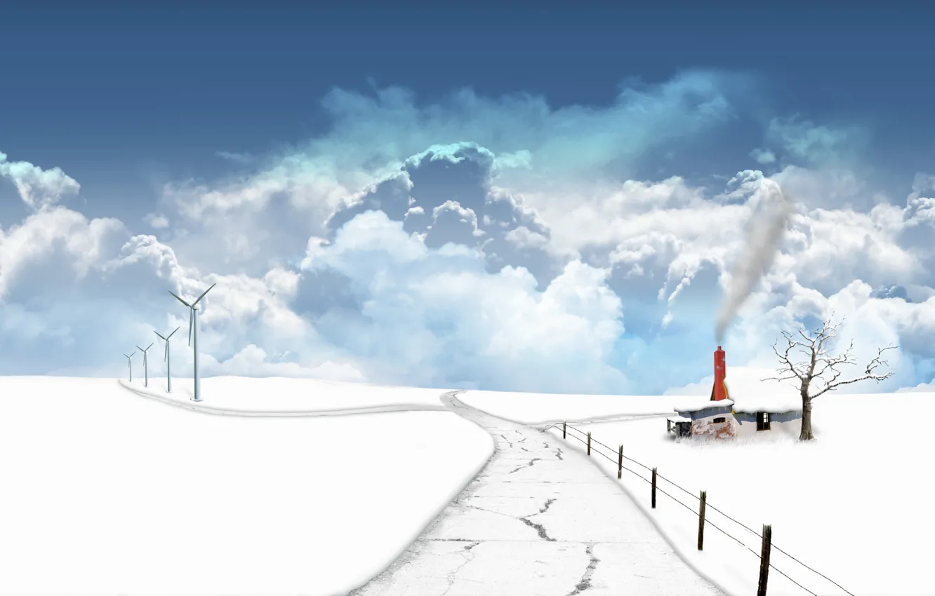 Photo wallpaper road, clouds, snow, house, Winter