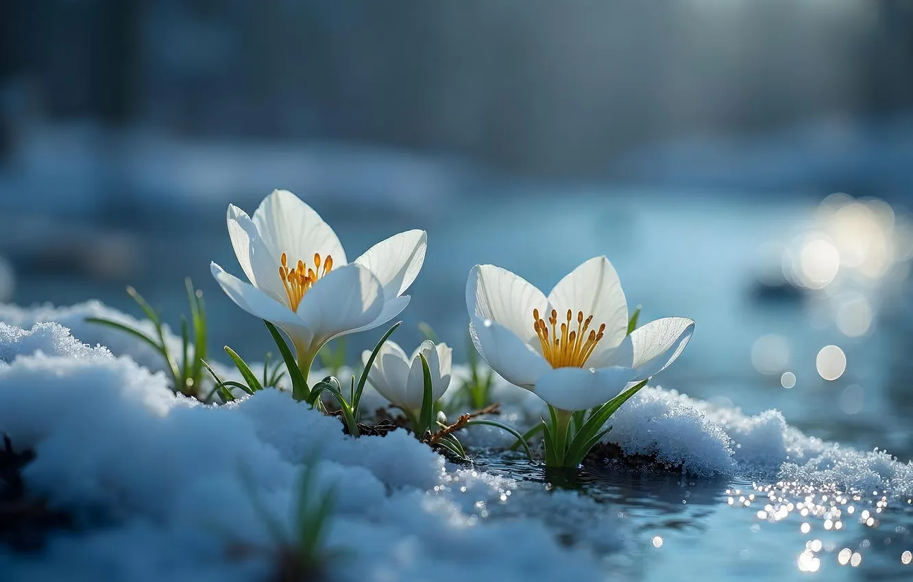Photo wallpaper winter, snow, flowers, spring, flowers, winter, snow, spring