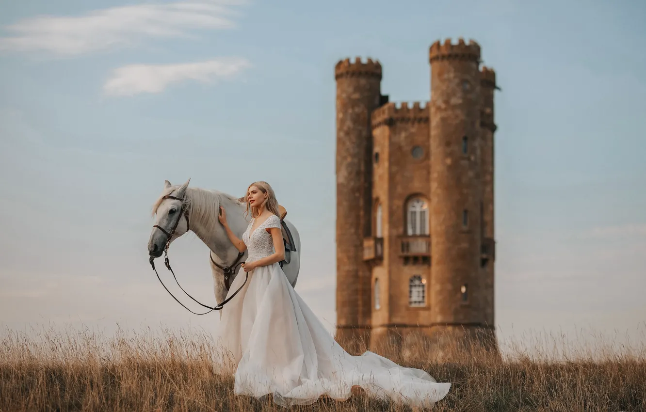 Photo wallpaper girl, castle, horse, horse, dress, the bride, Bird Man