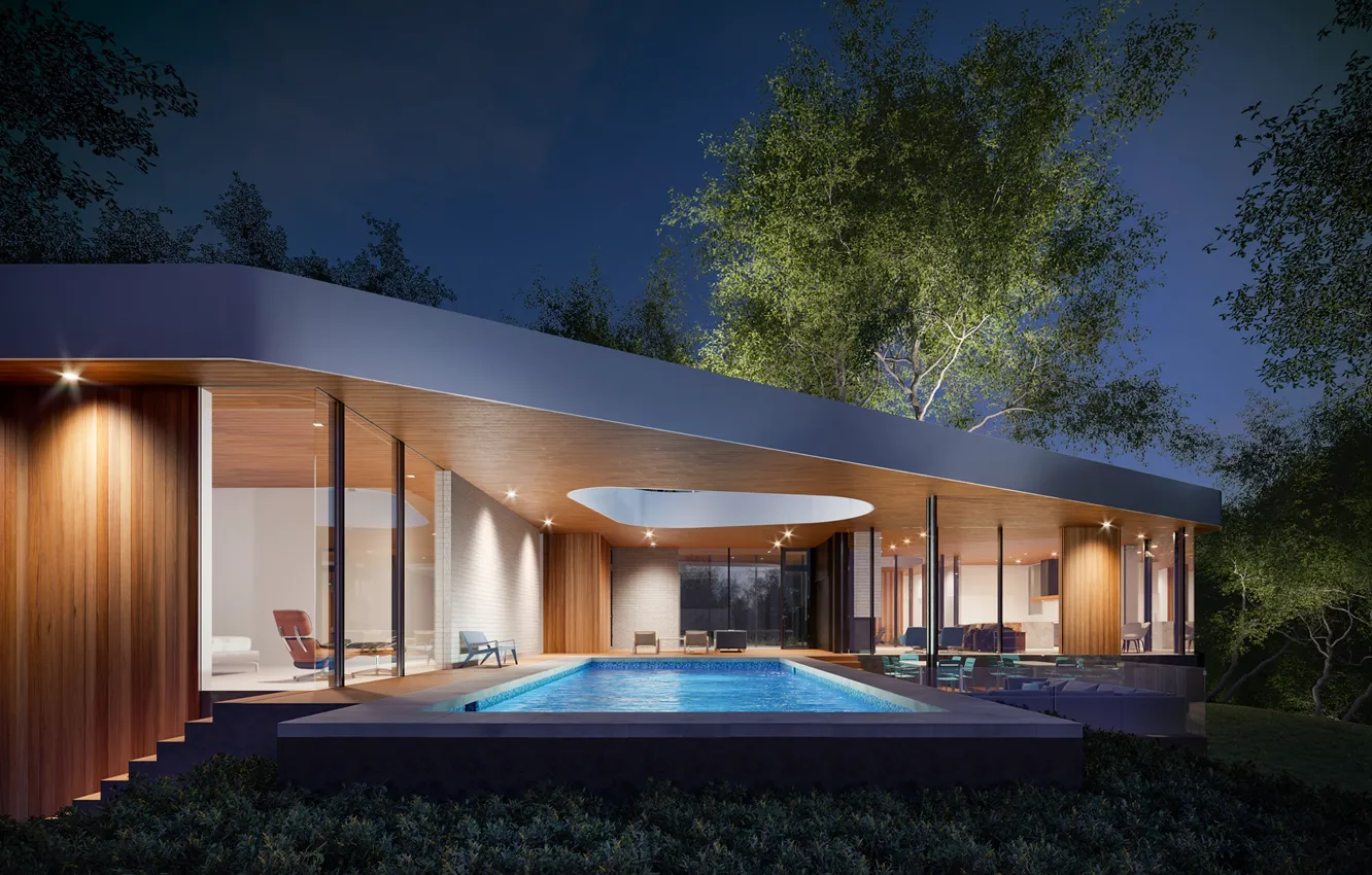 Photo wallpaper trees, pool, lighting, architecture, structure