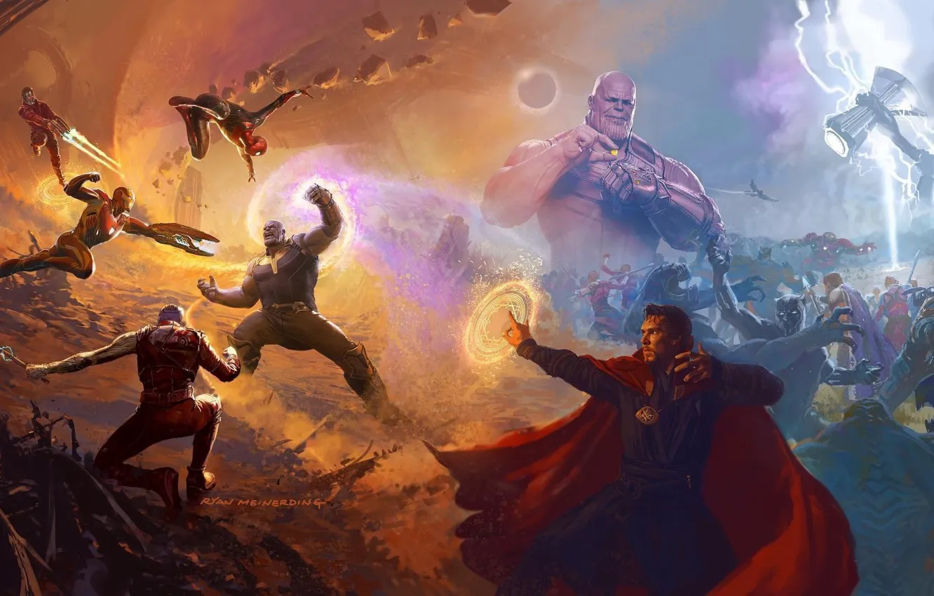 Photo wallpaper alien, lightning, Nebula, Iron Man, Marvel, Captain America, Spider-man, Thor