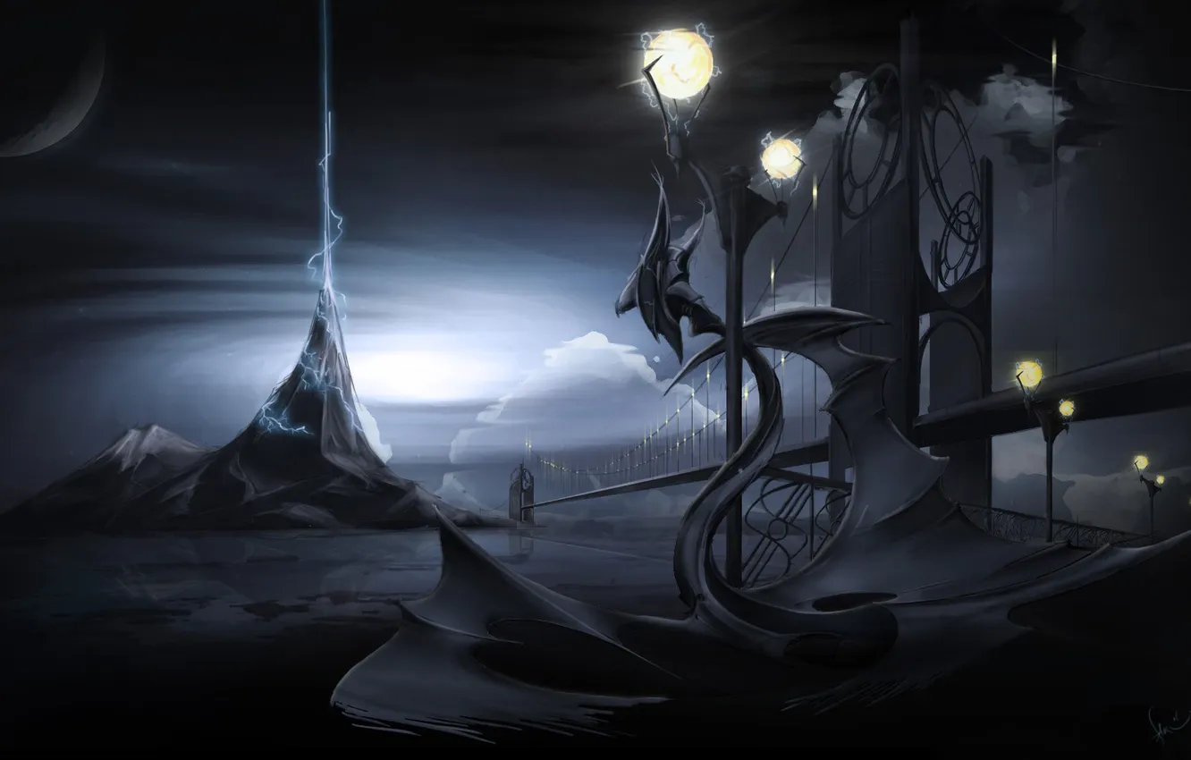 Photo wallpaper sea, bridge, rocks, the darkness, lightning, lights