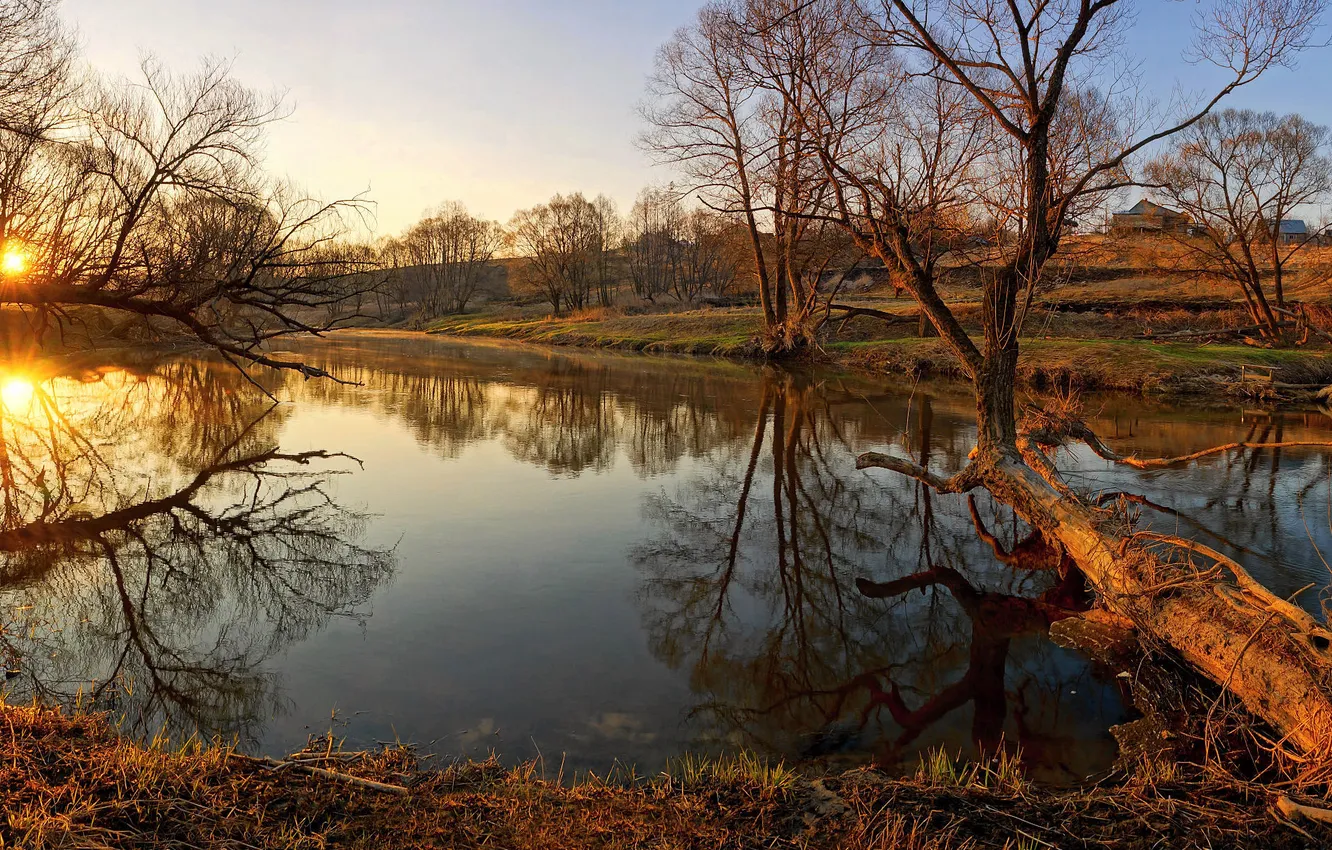 Photo wallpaper landscape, sunset, nature, river