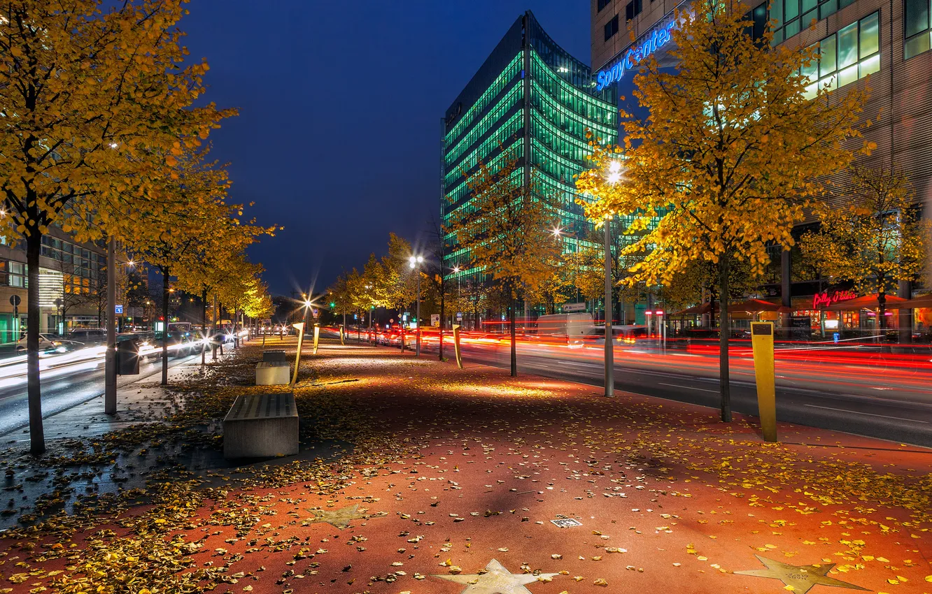 Photo wallpaper road, autumn, leaves, trees, night, the city, building, excerpt