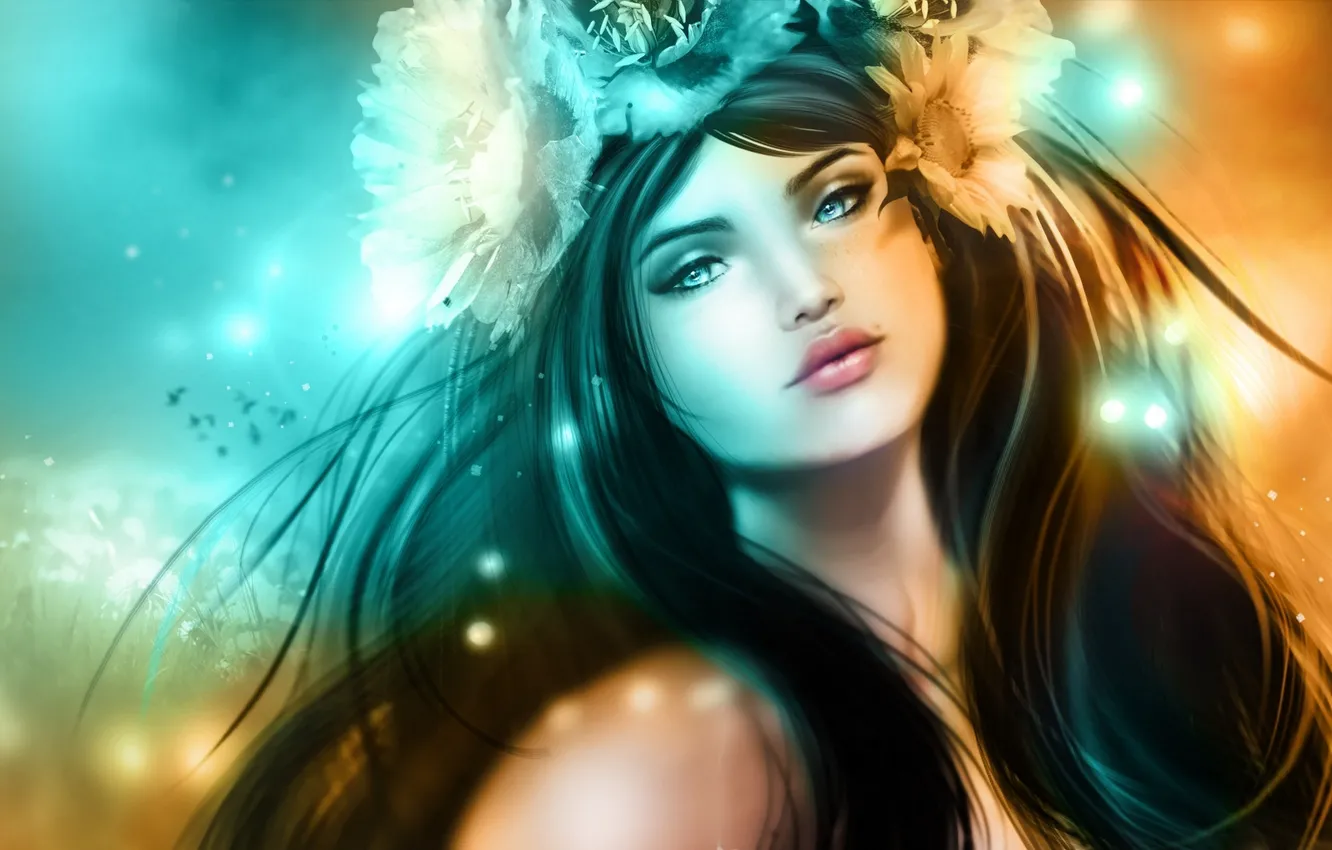 Photo wallpaper girl, flowers, portrait, brunette, wreath