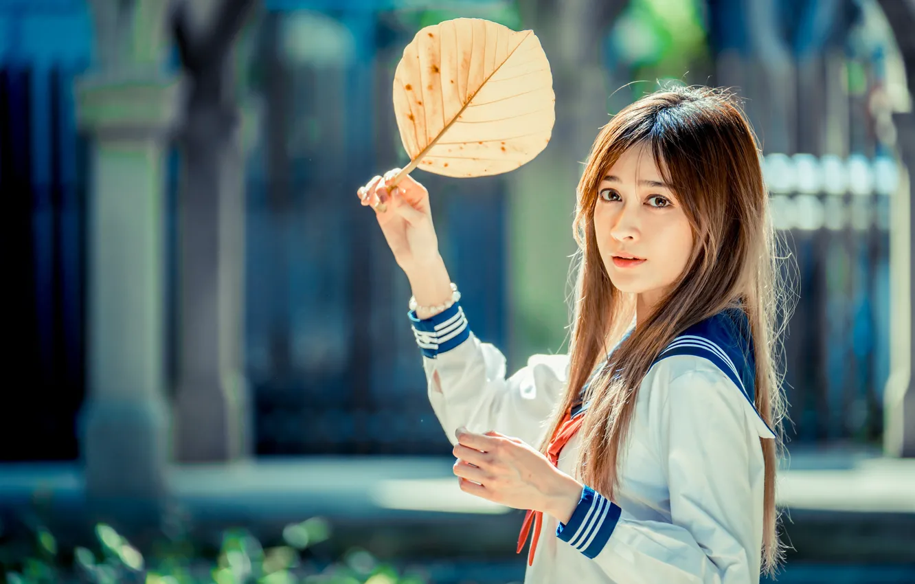 Photo wallpaper girl, leaf, brown hair, Asian, cutie, bokeh