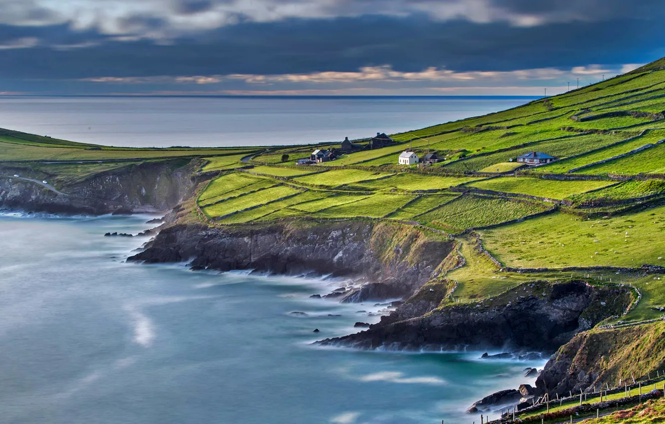 Photo wallpaper sea, field, house, slope, Ireland, County Kerry
