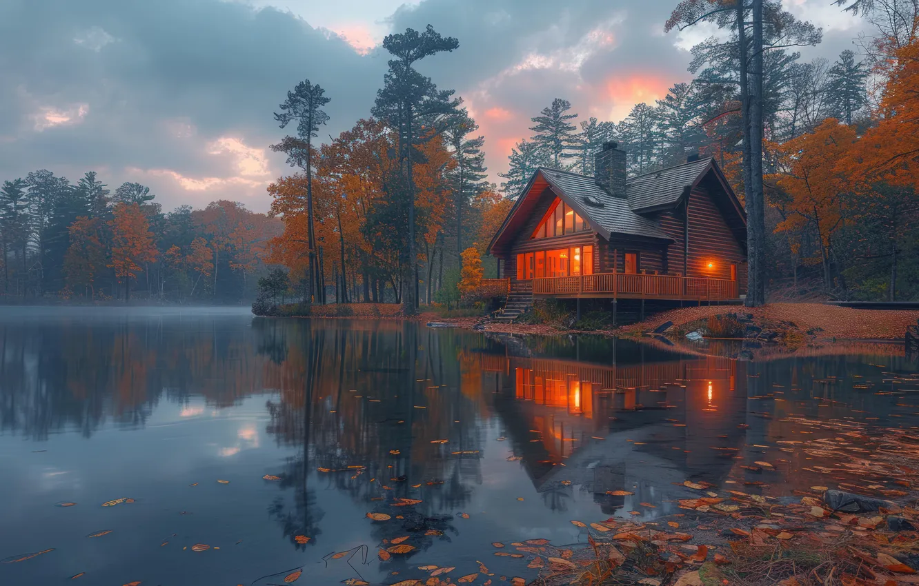 Photo wallpaper autumn, forest, clouds, light, nature, lights, lake, reflection