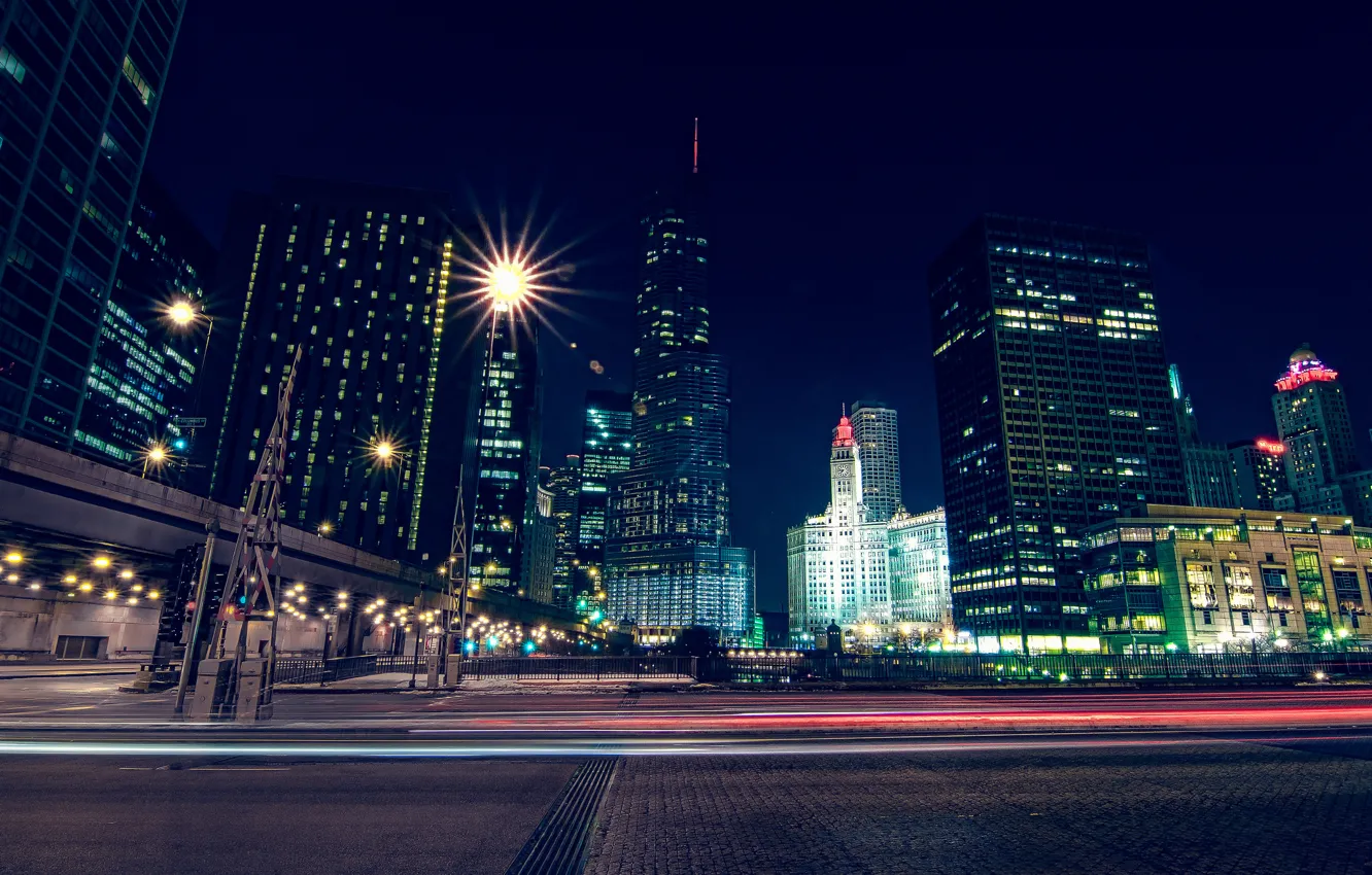 Photo wallpaper the sky, night, lights, building, skyscrapers, Chicago, Michigan, USA