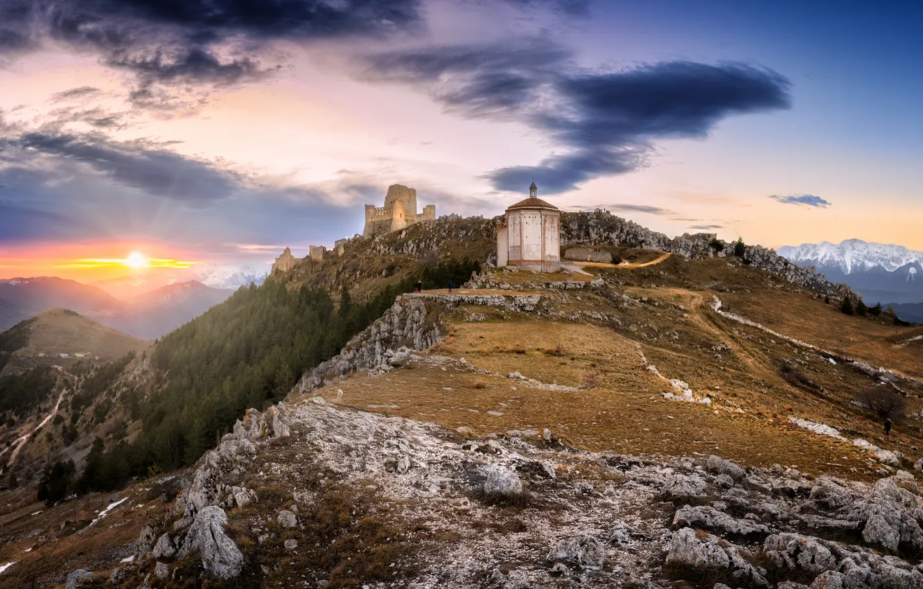 Photo wallpaper the sun, sunset, mountains, castle, Italy, fortress, Rocca Calascio