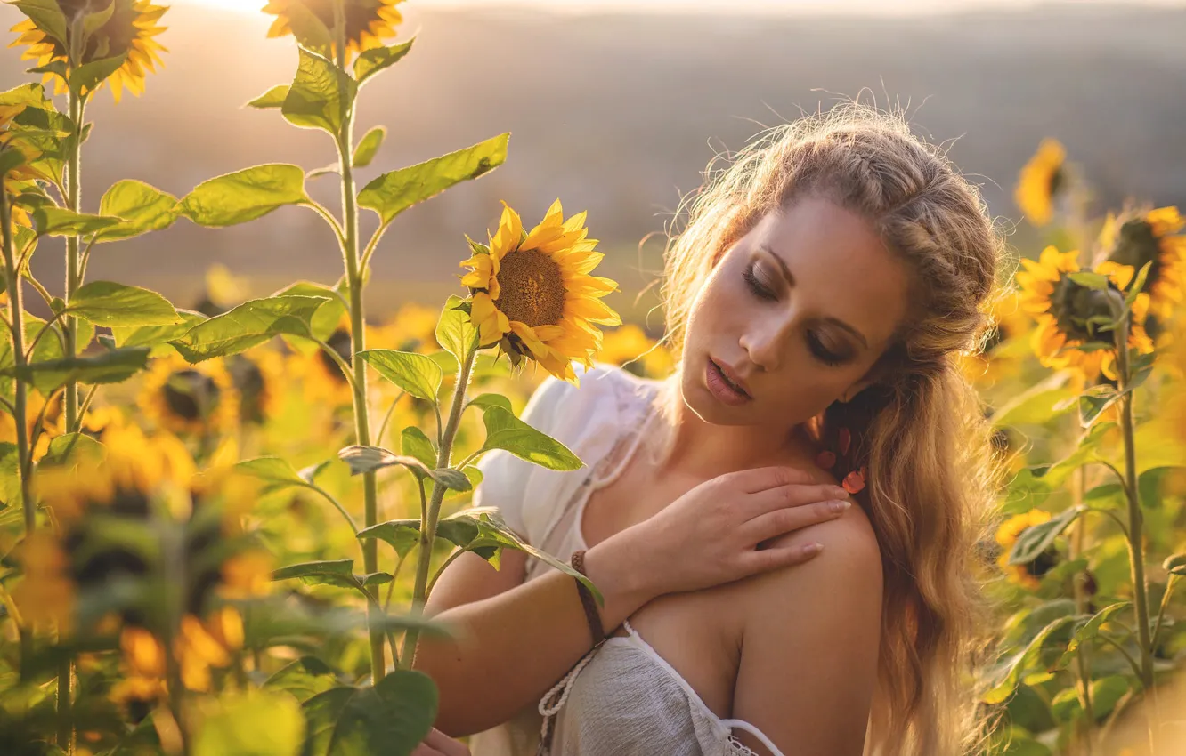 Photo wallpaper girl, sunflowers, blonde, shoulders, Jürgen Bauer