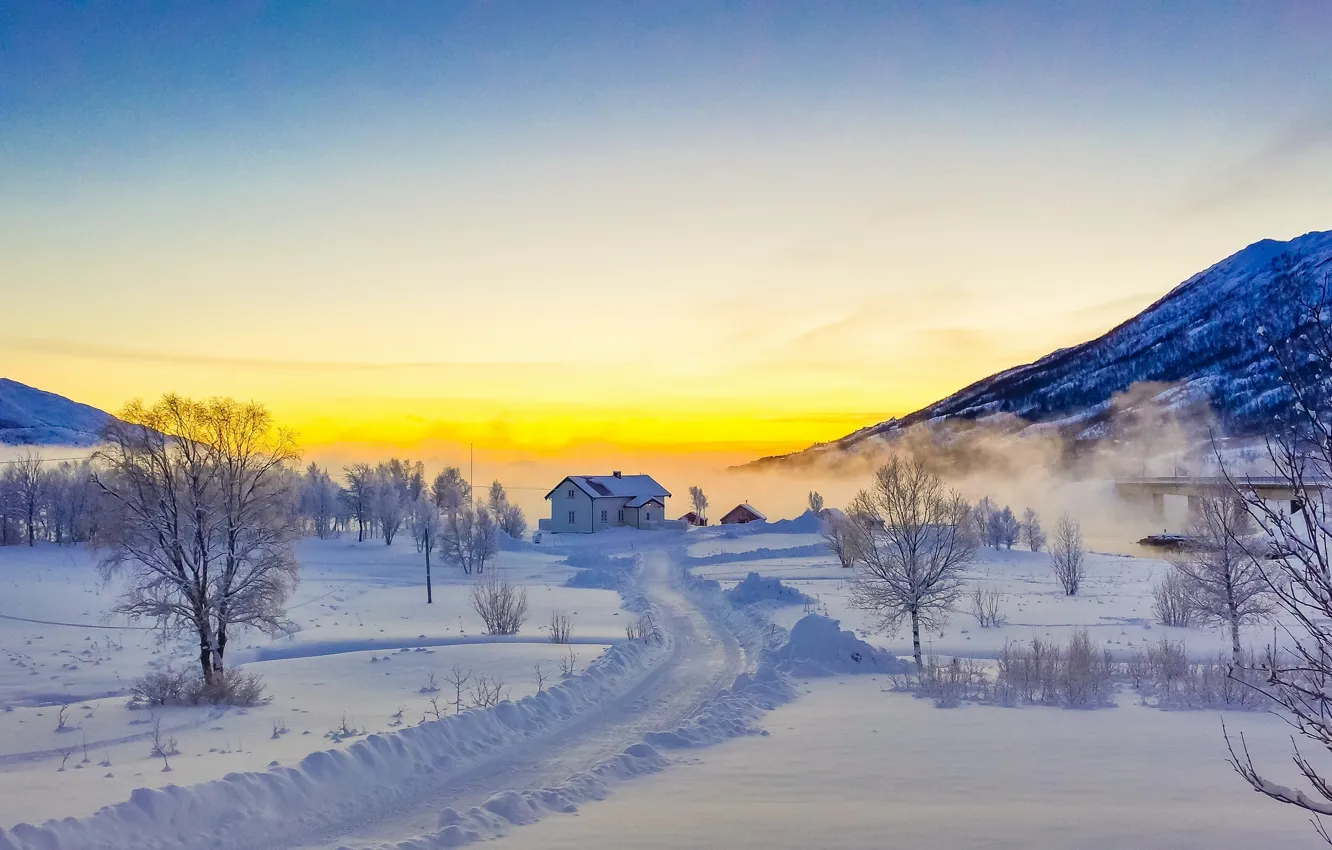 Photo wallpaper winter, road, snow, trees, sunset, mountains, house, Norway