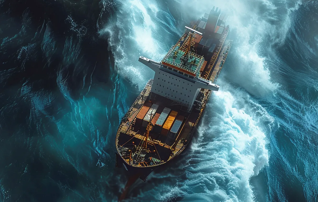 Photo wallpaper Sea, Wave, Ship, Storm, Digital art, AI art, The Art of Artificial Intelligence, Neural network