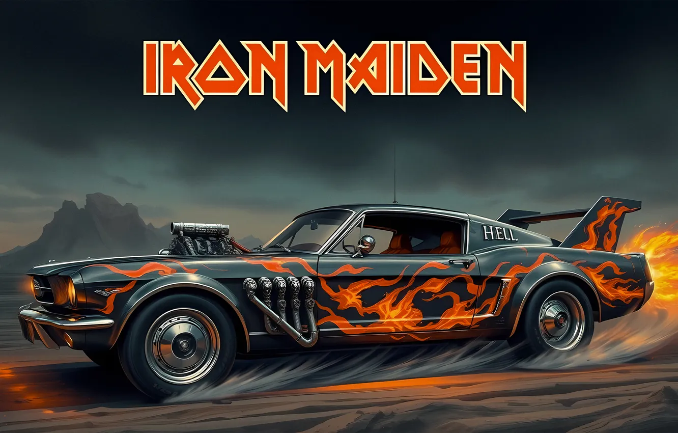 Photo wallpaper car, fire, rock, Music, Machine, Iron Maiden