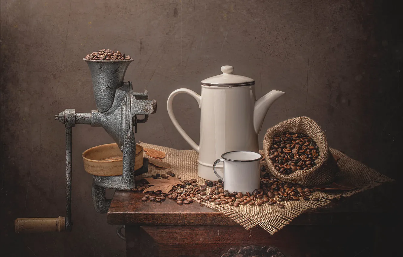 Photo wallpaper leaves, table, wall, coffee, mug, pitcher, still life, coffee beans