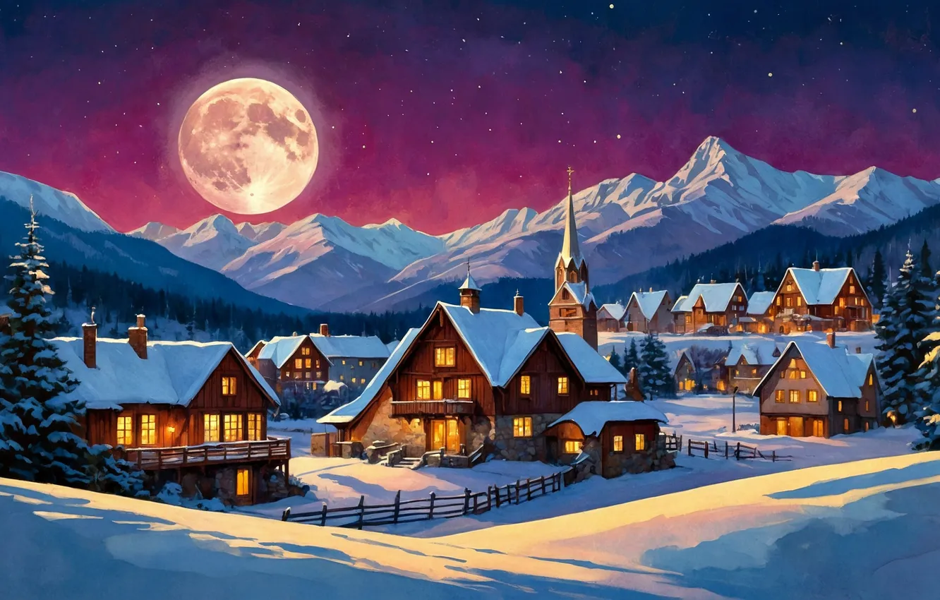 Photo wallpaper snow, mountains, the moon, new year, Christmas, house