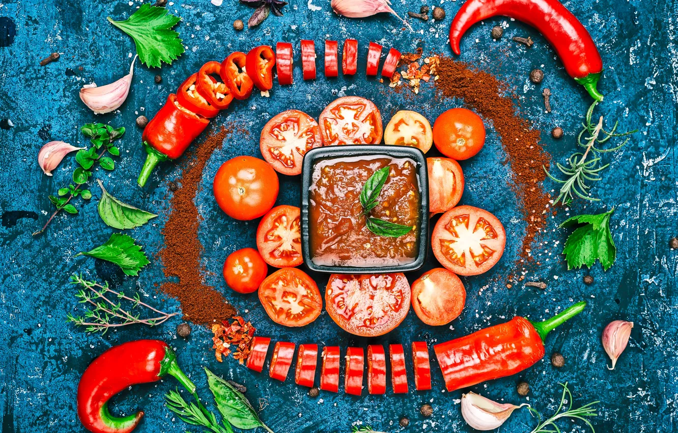Photo wallpaper leaves, creative, pepper, vegetables, tomatoes, ketchup, garlic, seasoning