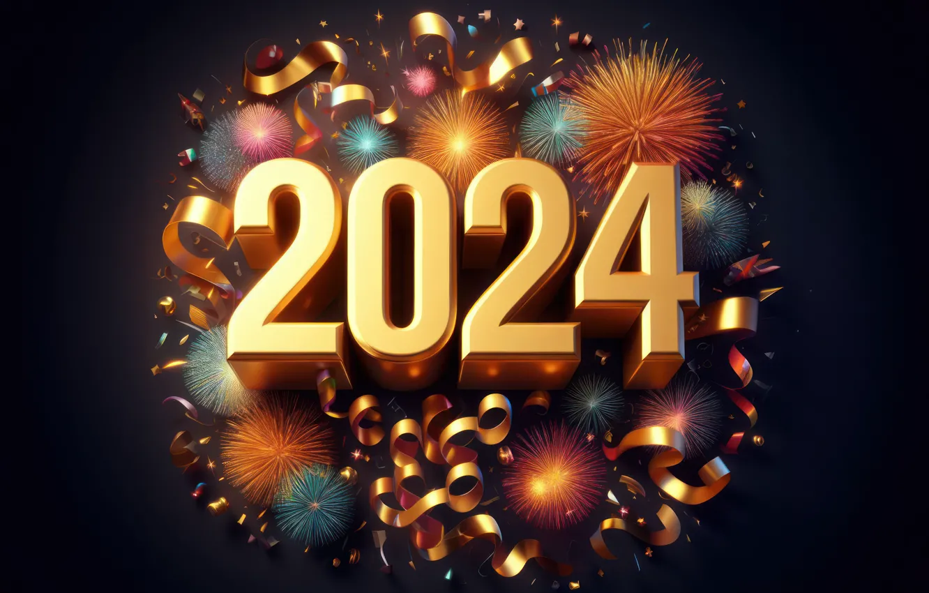 Photo wallpaper new year, figures, golden, New Year, decoration, numbers, 2024