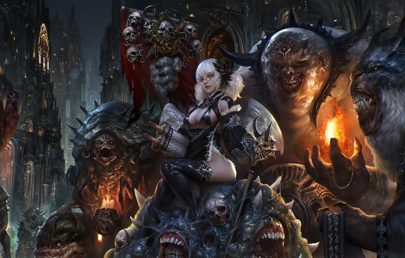 Photo wallpaper night, city, the city, skull, monster, Hell, monster, skulls