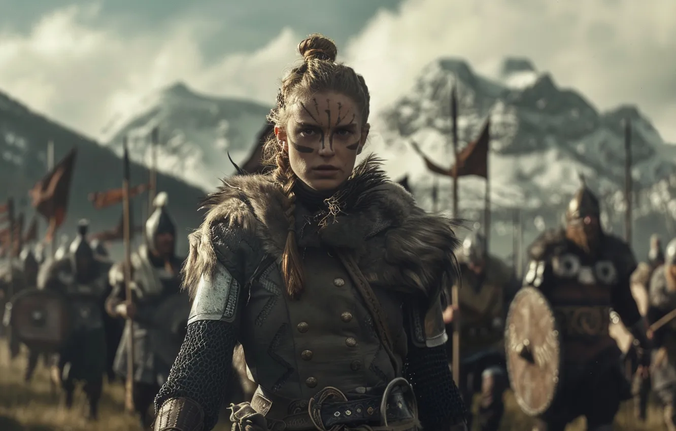Photo wallpaper girl, mountains, male, spear, shield, warrior, digital art, The Vikings