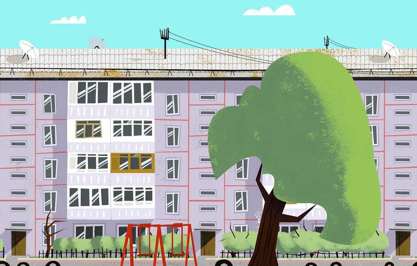 Photo wallpaper Tree, The city, House, The building, Art, Tree, Cartoon, by Andrey Syailev
